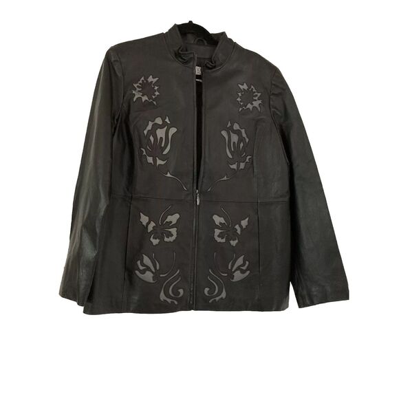 Nolan Miller Stiff Leather Jacket Glamour Women’s Large Black & Gray Embroidery - Picture 1 of 9